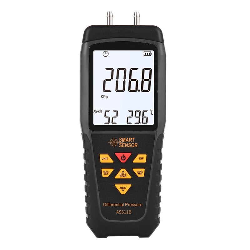 SMART SENSOR AS511B Digital Differential Pressure Gauge -206.8~206.8KPA Manometer Dual Port Air Gas Pressure Tester with LCD Backlight Display Supports Temperature & Humidity Measurement 12 Units - Image 1