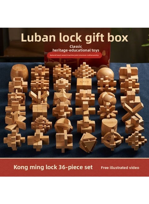 Luban Lock Kongming Lock Beech Wood Unlock Unleash Unleash Children's Educational Assembled Building Blocks Toys For Boys And Elementary School Students Cheap-Colour:A Complete Set Of 36 Styles Of National Trend Gift Boxes (universal For All Ages)
