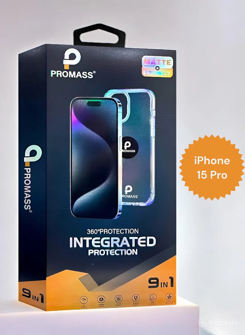 PROMASS The new comprehensive protection package for iPhone 15 Pro, is an economical package with a new look and complete protection for your phone with a case that supports wireless charging from Promas (9in1) - Image 1
