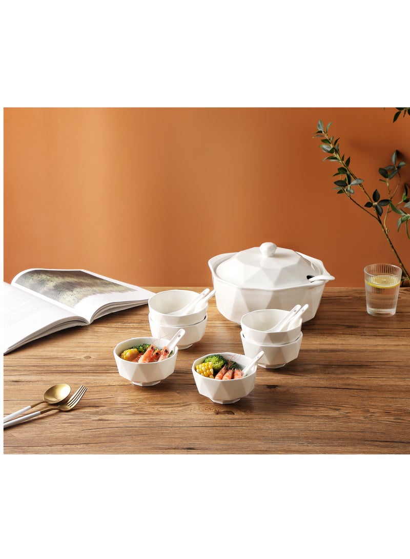 Dove 15-Piece Porcelain Soup & Bowl Set White, Set Includes (10.5 inch Soup Bowl, 8.5 inch Lid, 4.5 inch 6pcs Bowl, 9 inch Ladle, 5 inch 6pcs Spoon)
