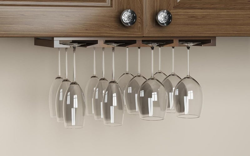 Rustic State Eze 4 Sectional Under Cabinet Mount Wood Stemware Rack Hanging Shelf Glassware Holder Bar Organizer with up to 12 Wine Glass Storage 12 Inch Deep Chestnut - Image 3
