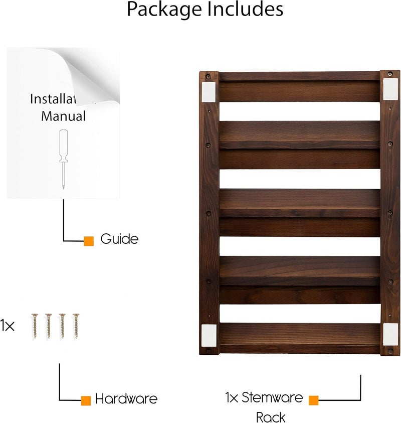 Rustic State Eze 4 Sectional Under Cabinet Mount Wood Stemware Rack Hanging Shelf Glassware Holder Bar Organizer with up to 12 Wine Glass Storage 12 Inch Deep Chestnut - Image 5