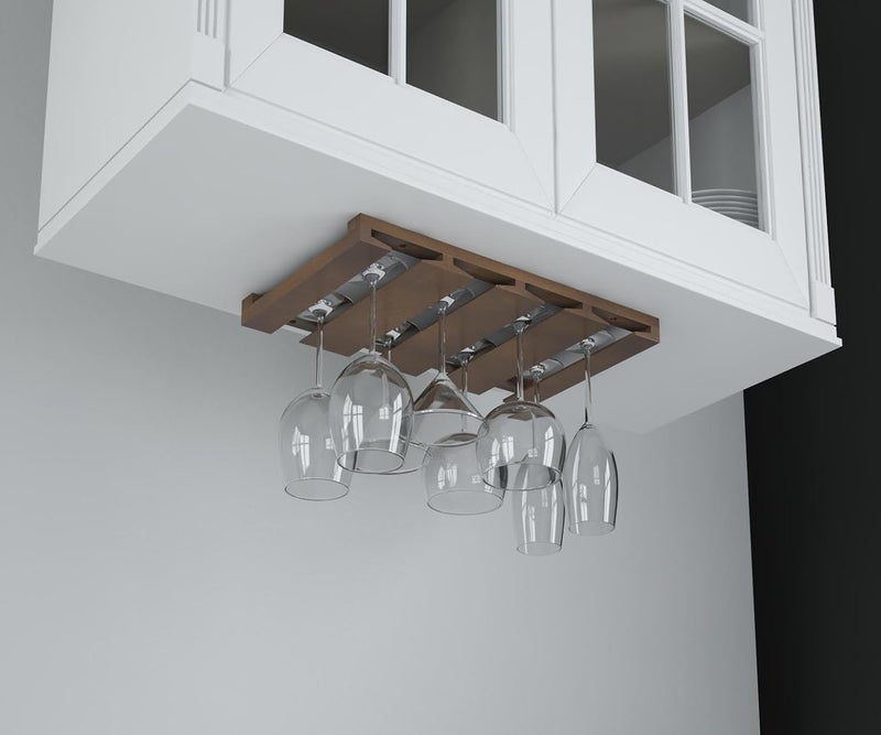 Rustic State Eze 4 Sectional Under Cabinet Mount Wood Stemware Rack Hanging Shelf Glassware Holder Bar Organizer with up to 12 Wine Glass Storage 12 Inch Deep Chestnut - Image 2