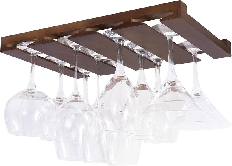 Rustic State Eze 4 Sectional Under Cabinet Mount Wood Stemware Rack Hanging Shelf Glassware Holder Bar Organizer with up to 12 Wine Glass Storage 12 Inch Deep Chestnut - Image 1