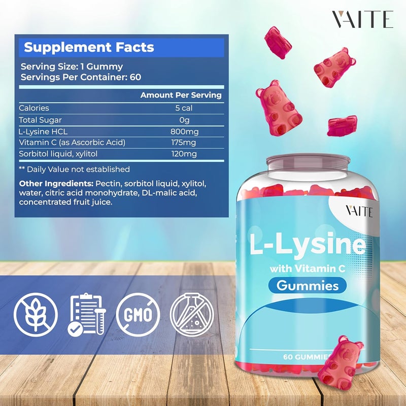 VAITE LLysine 800mg Gummies with Vitamin C  Supports Skin Lip Vegan Gluten Free 60 Chewable Lysine for Adults Vitamins Tissue Health  Immune System Amino Acid  Complex Supplements NonGMO - Image 3