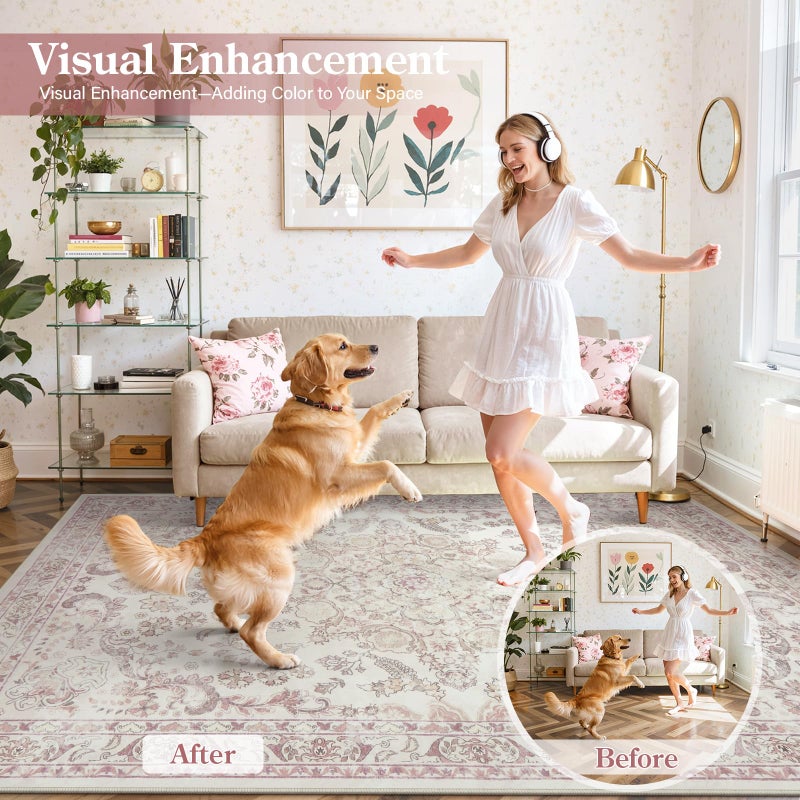 Wonnitar Vintage Floral Rugs for Bedroom Girls, 5x7 Washable Pink Nursery Rug for Baby, Ultra-Thin Non Slip Soft Medallion Carpet for Aesthetic Decor Toddler Kids Room Living Room - Image 2