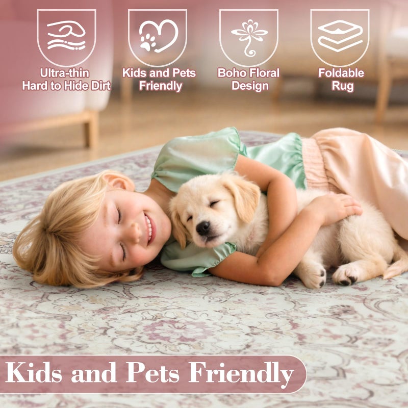 Wonnitar Vintage Floral Rugs for Bedroom Girls, 5x7 Washable Pink Nursery Rug for Baby, Ultra-Thin Non Slip Soft Medallion Carpet for Aesthetic Decor Toddler Kids Room Living Room - Image 4