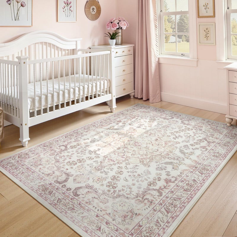 Wonnitar Vintage Floral Rugs for Bedroom Girls, 5x7 Washable Pink Nursery Rug for Baby, Ultra-Thin Non Slip Soft Medallion Carpet for Aesthetic Decor Toddler Kids Room Living Room - Image 1