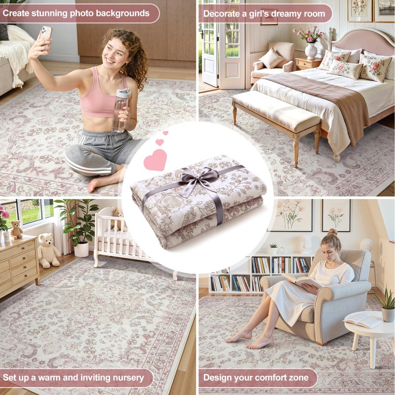 Wonnitar Vintage Floral Rugs for Bedroom Girls, 5x7 Washable Pink Nursery Rug for Baby, Ultra-Thin Non Slip Soft Medallion Carpet for Aesthetic Decor Toddler Kids Room Living Room - Image 3