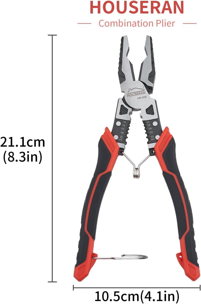 HOUSERAN Linemans Pliers, HOUSERAN Combination Pliers with Wire Stripper and Crimper, 8.3 Inch Lineman Plier, Spring Loaded with Safety Lock, 5-in-1 Linesman Pliers for Cutting, Crimping, Stripping - Image 2