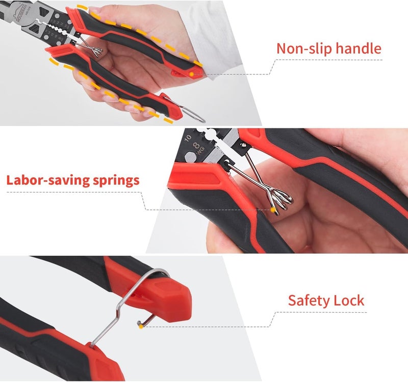HOUSERAN Linemans Pliers, HOUSERAN Combination Pliers with Wire Stripper and Crimper, 8.3 Inch Lineman Plier, Spring Loaded with Safety Lock, 5-in-1 Linesman Pliers for Cutting, Crimping, Stripping - Image 3