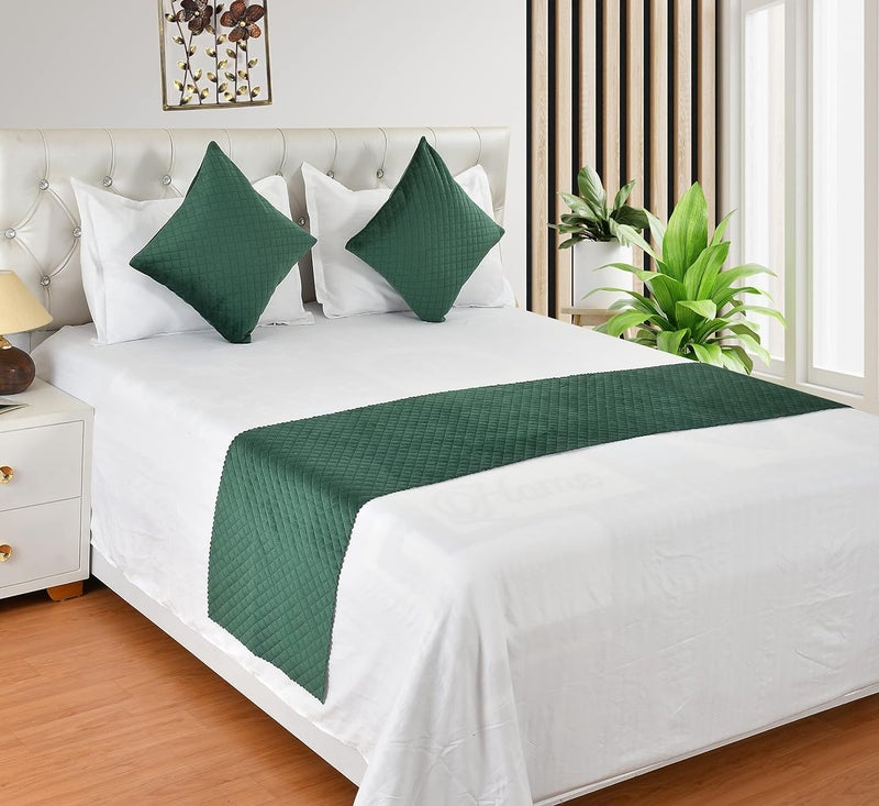 MONISTIC Home 200TC Quilted Velvet Bed Runner Scarf with Matching Cushion Covers/Bed Linen Scarf/Decorative Set for Bedrooms/Hotel Rooms/Guest Rooms. (Green) - Image 1