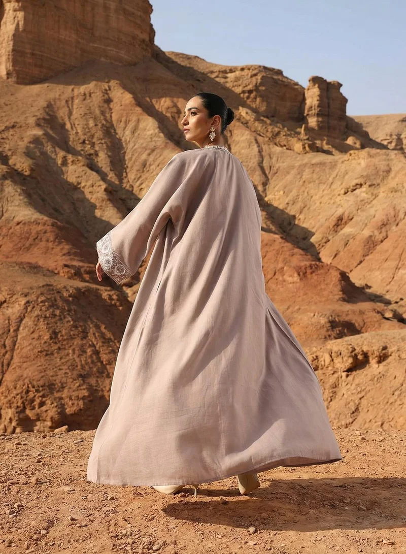 Ishin  Beige Mirror Embroidered Layered Abaya for Women | Best Price UAE