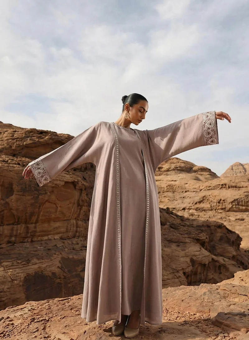 Beige Mirror Embroidered Layered Abaya