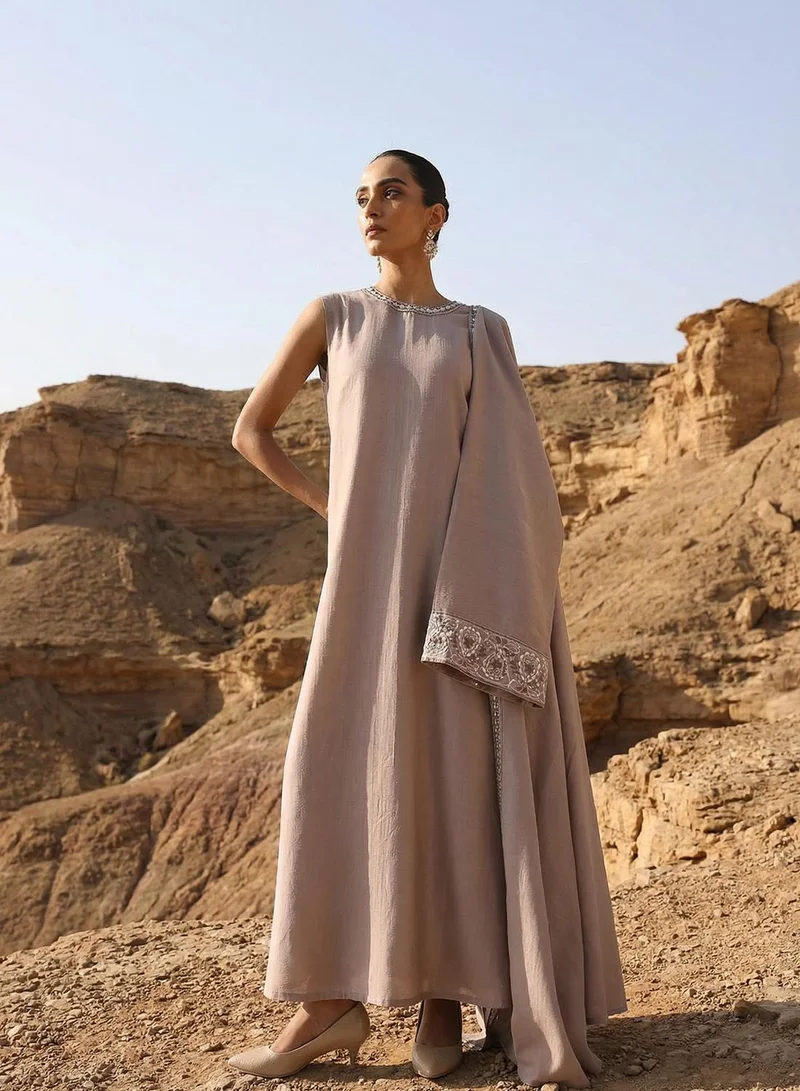 Ishin  Beige Mirror Embroidered Layered Abaya for Women | Best Price UAE