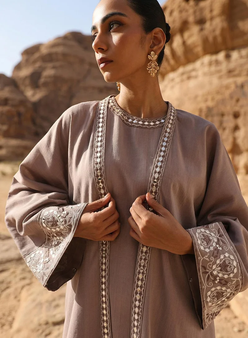 Ishin  Beige Mirror Embroidered Layered Abaya for Women | Best Price UAE