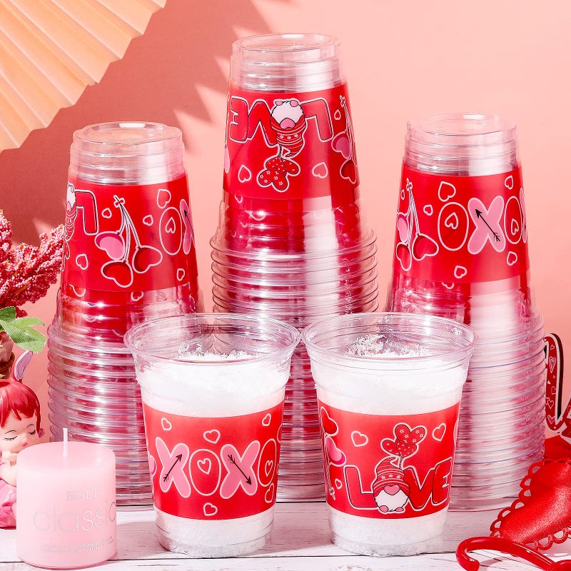 Meanplan أكواب بلاستيكية للاحتفال بعيد الحب 100 قطعة سعة 12 أونصة أكواب عيد الحب القابلة للتصرف أكواب قلب وردي لعيد الحب مستلزمات حفلات عيد الحب للمشروبات الكحولية والقهوة المثلجة والعصير (أسلوب الحب) - Image 1
