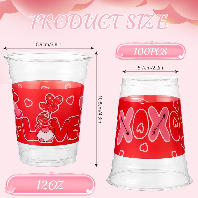 Meanplan أكواب بلاستيكية للاحتفال بعيد الحب 100 قطعة سعة 12 أونصة أكواب عيد الحب القابلة للتصرف أكواب قلب وردي لعيد الحب مستلزمات حفلات عيد الحب للمشروبات الكحولية والقهوة المثلجة والعصير (أسلوب الحب) - Image 2