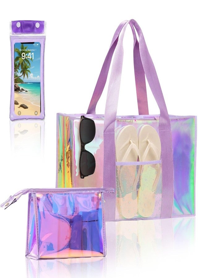 Cyrelwing Purple Iridescent Waterproof Beach Travel Bag for Women Large Waterproof Sandproof Women's Beach Tote Pool Bag Zipper Pool Swim Tote Bag for Travel and Spring summer Vacation - Image 1
