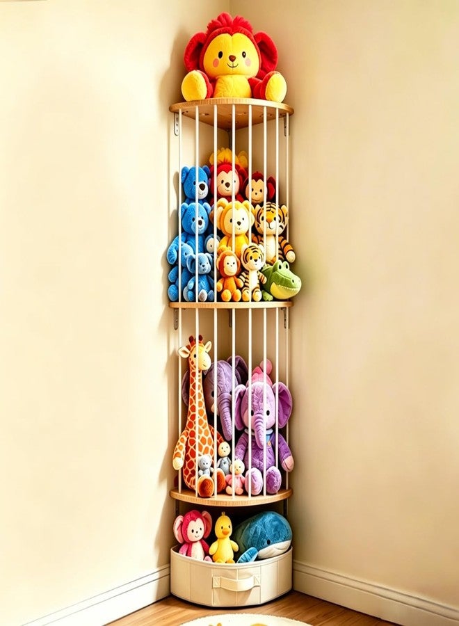 Jupwalz Double Layer Corner Stuffed Animal Storage Wood with Fan-Shaped Basket - Image 1