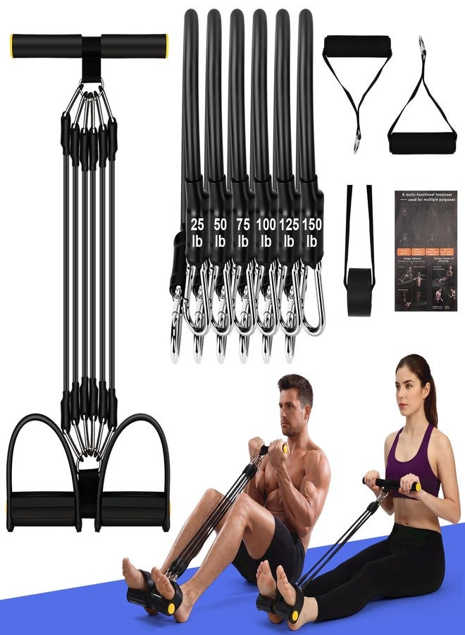 Arrowbash حزام مقاومة دواسة القدم Arrowbash المطور بستة أنابيب، قابل للتعديل حتى 150 رطلاً، مزود بمقبض، أحزمة لياقة متعددة الوظائف للرجال والنساء لتمارين شد البطن والذراعين والساقين (أسود) - Image 1