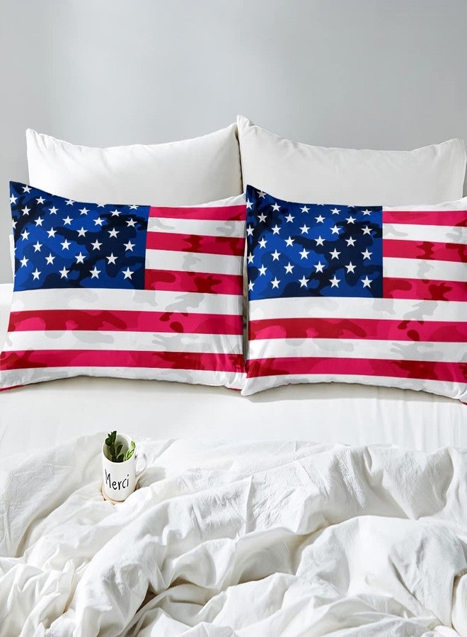 Feelyou American Flag Bedding Set Camouflage USA Flag Fitted Sheet Army Camo Flag Bed Sheet Set for Children Kids Boys Girls Blue Red and White Stars Bed Cover Room Decor Bedding Sheet Queen Size 4Pcs - Image 3