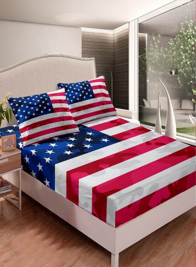 Feelyou American Flag Bedding Set Camouflage USA Flag Fitted Sheet Army Camo Flag Bed Sheet Set for Children Kids Boys Girls Blue Red and White Stars Bed Cover Room Decor Bedding Sheet Queen Size 4Pcs - Image 2