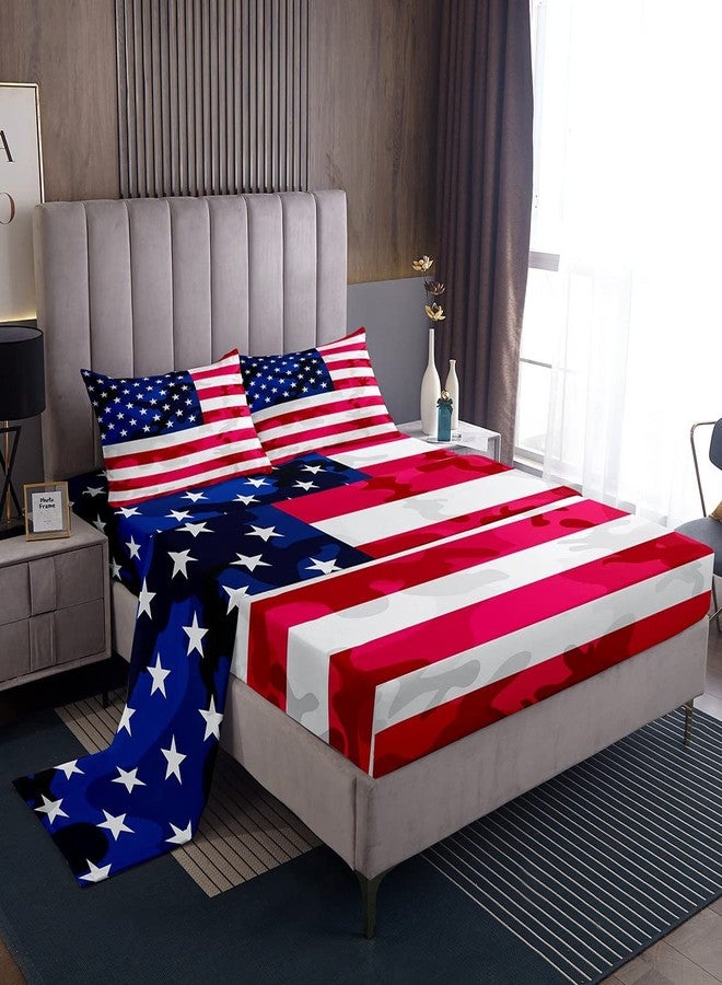 Feelyou American Flag Bedding Set Camouflage USA Flag Fitted Sheet Army Camo Flag Bed Sheet Set for Children Kids Boys Girls Blue Red and White Stars Bed Cover Room Decor Bedding Sheet Queen Size 4Pcs - Image 1