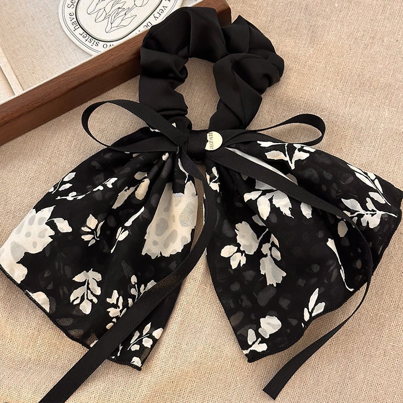 Generic 2023 Retro Print Bow Hair Tie Elegant Ribbon 4# Black background white flower ribbon skirt with hair ring