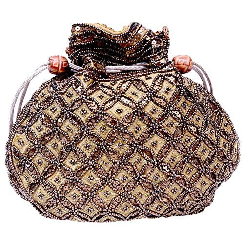 Craft Trade Women's Cotton Embroidered Indian Potli Purse Bag with Drawstring and Pearl Handle Pouch Golden Work Ladies Purse for Bridal Wedding Elegant Return Gift, H-8.5 x W-8 Inches - Red - Image 5
