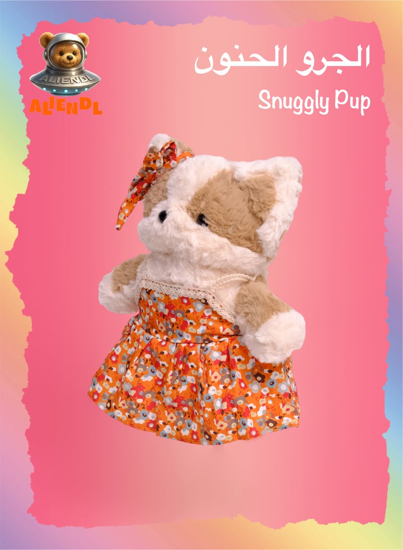 ALIENDL Snuggly Pup – Plush Puppy Stuffed Animal Toy for Baby Kids, Soft Cute Puppy Floral Dress Doll Gift Set with Removable Clothes & Pouch, Perfect Gift for Kids, Girls, Friends & Couples - Image 1