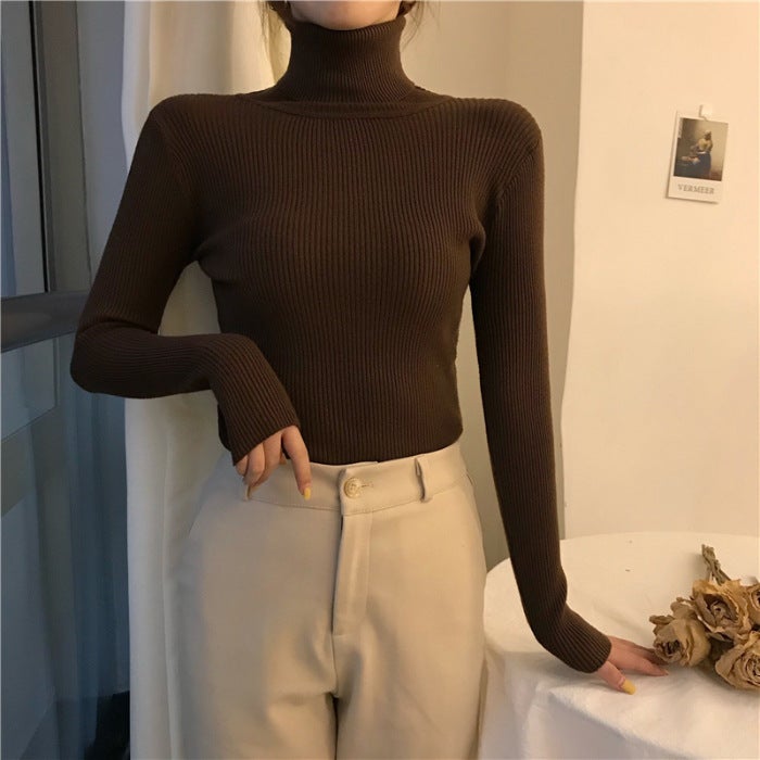 Early Autumn New Black High Neck Knitted Base Shirt Winter Womens Sweater Slim-fit All-match Outer Wear Clothes Brown
