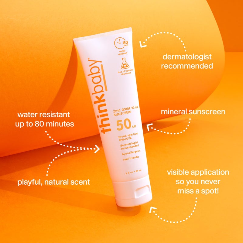 ثينك baby SPF 50+ Baby Mineral Sunscreen – Safe, Natural Sunblock for Babies - Water Resistant Sun Cream – Broad Spectrum UVA/UVB Sun Protection – Vegan Baby Sunscreen Lotion, 3 Oz. - Image 3