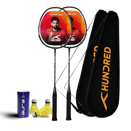 Hundred Powertek 200 (2 Strung Rackets with 2 Full Covers) with 3pc Badminton Aura Nylon Shuttlecocks, Black - Image 1