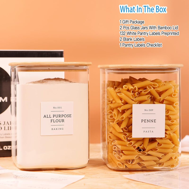 CZZGSM 2 Pack Square Glass Flour and Sugar Containers with 132 Kitchen Pantry Labels - Thicken 120 FL OZ Large Glass Storage Jars with Airtight Bamboo Lid - Big Food Canisters for Cookies, Rice, Coffee - Image 2