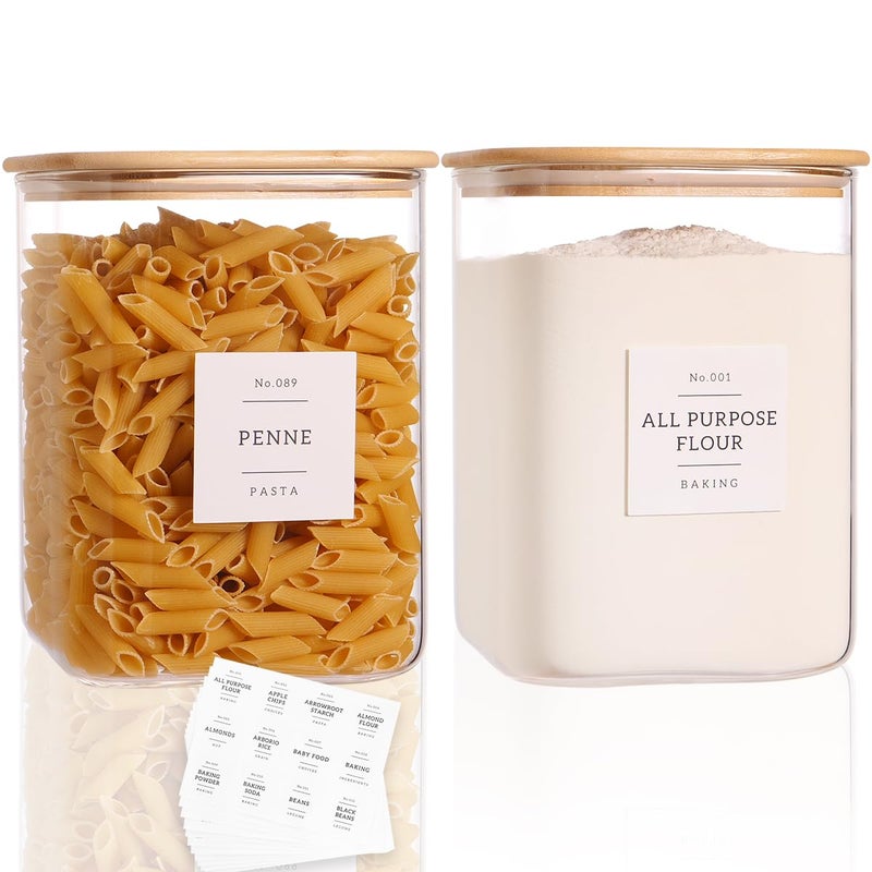CZZGSM 2 Pack Square Glass Flour and Sugar Containers with 132 Kitchen Pantry Labels - Thicken 120 FL OZ Large Glass Storage Jars with Airtight Bamboo Lid - Big Food Canisters for Cookies, Rice, Coffee - Image 1