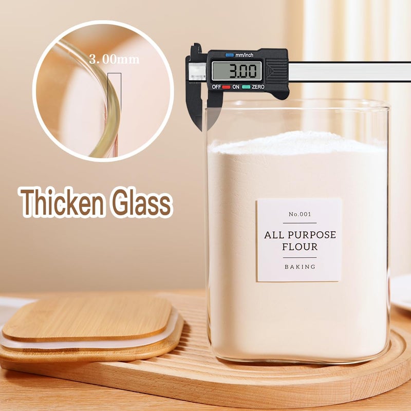 CZZGSM 2 Pack Square Glass Flour and Sugar Containers with 132 Kitchen Pantry Labels - Thicken 120 FL OZ Large Glass Storage Jars with Airtight Bamboo Lid - Big Food Canisters for Cookies, Rice, Coffee - Image 4
