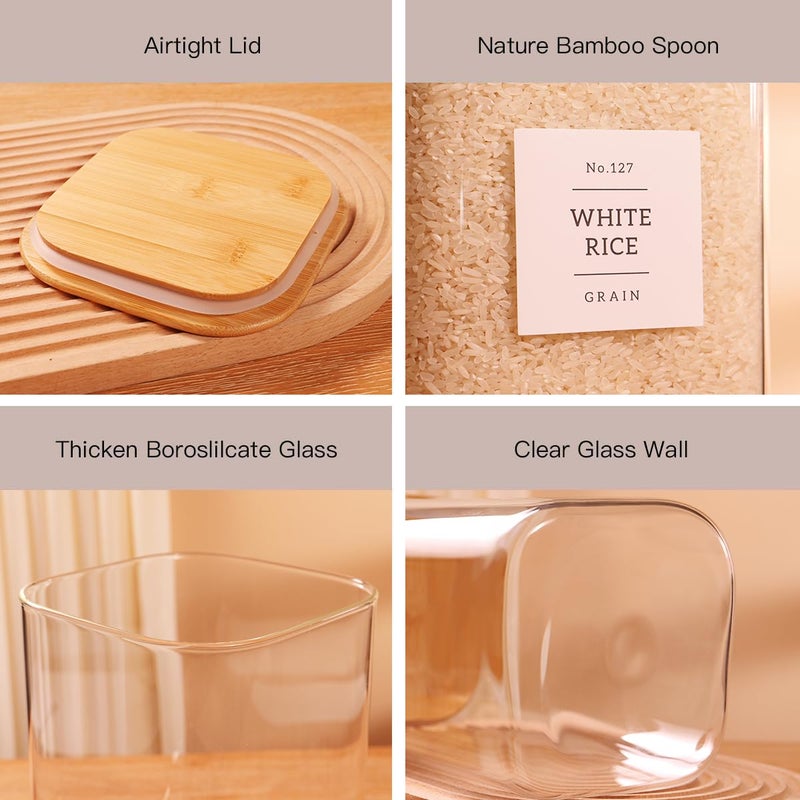 CZZGSM 2 Pack Square Glass Flour and Sugar Containers with 132 Kitchen Pantry Labels - Thicken 120 FL OZ Large Glass Storage Jars with Airtight Bamboo Lid - Big Food Canisters for Cookies, Rice, Coffee - Image 5