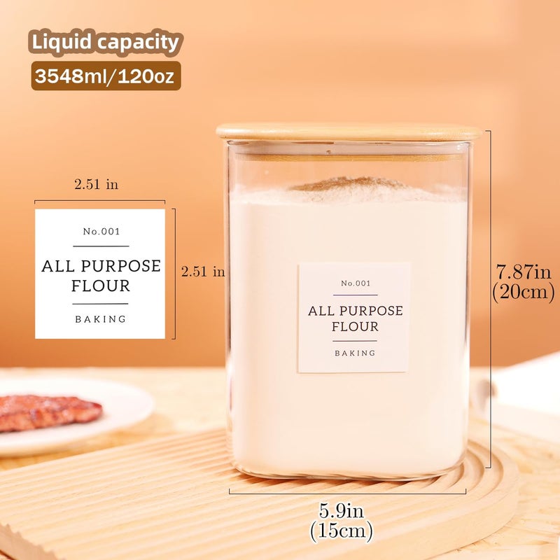 CZZGSM 2 Pack Square Glass Flour and Sugar Containers with 132 Kitchen Pantry Labels - Thicken 120 FL OZ Large Glass Storage Jars with Airtight Bamboo Lid - Big Food Canisters for Cookies, Rice, Coffee - Image 3