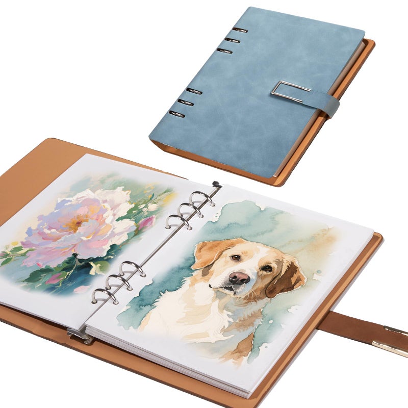 bositigo Professional Watercolor Sketchbook with 6-Ring Binder, 20 Sheets 300GSM/140lb 100% Cotton Acid-Free Cold Press Paper, 9.25" x 6.3" Textured Art Journal for Artists, Students & Adults (Blue) - Image 1
