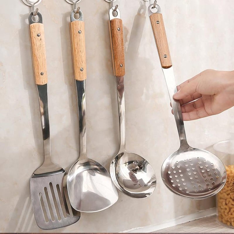 Primetan Stainless Steel Skimmer Wood Kadi Jalebi Making Oil Strainer Serving Spoon Professional Skimmers Spoon with Wooden Handle Large Kitchen Utensil Cooking Strainer - Image 4
