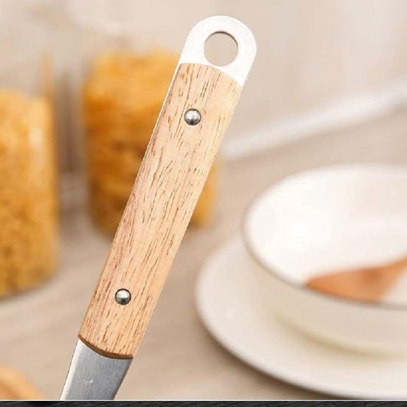 Primetan Stainless Steel Skimmer Wood Kadi Jalebi Making Oil Strainer Serving Spoon Professional Skimmers Spoon with Wooden Handle Large Kitchen Utensil Cooking Strainer - Image 3