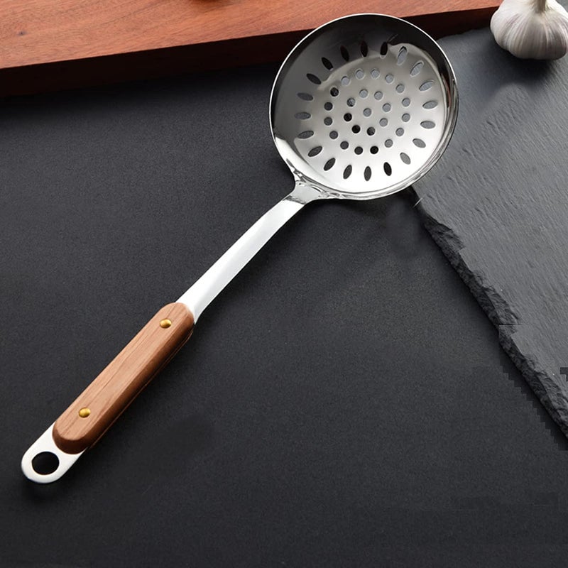 Primetan Stainless Steel Skimmer Wood Kadi Jalebi Making Oil Strainer Serving Spoon Professional Skimmers Spoon with Wooden Handle Large Kitchen Utensil Cooking Strainer - Image 1