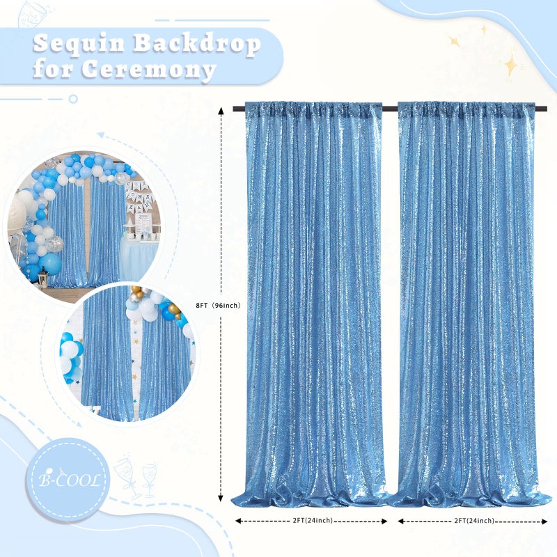 B.Cool B-COOL Baby Blue Sequin Backdrop Curtains 2 Pieces 2ftx8ft Party Photography Sparkly Background Prom Drapes Wedding Baby Shower Backdrops - Image 3