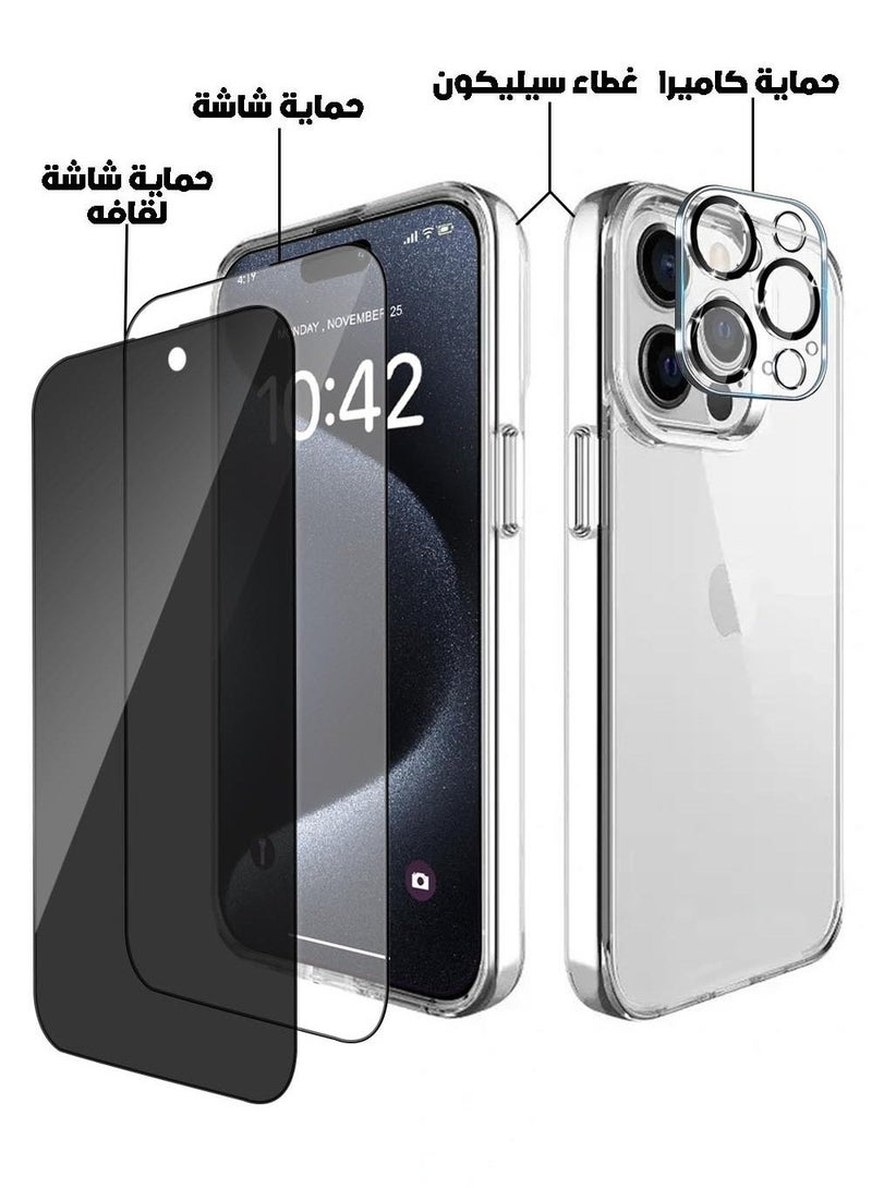 بكج حماية ايفون 16 برو 4 في 1 . شاشة حماية زجاج ضد الكسر والخدوش . شاشة حماية لقافة . كفر صلب شفاف . حماية عدسة الكاميرا - Image 1