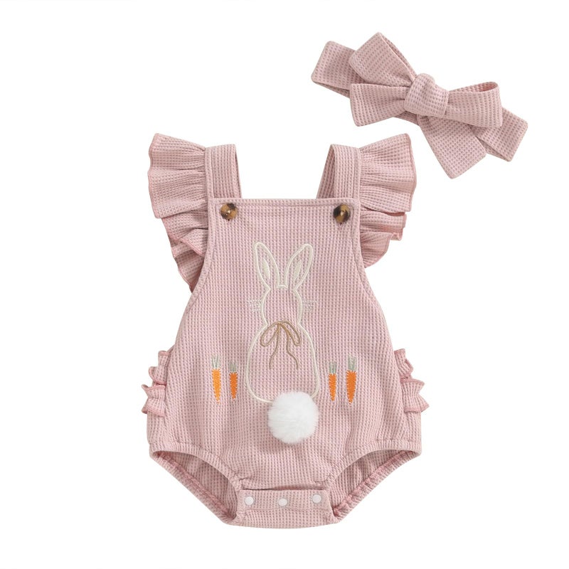 Lucikamy Newborn Baby Girl Boy Easter Romper Sleeveless Backless Cartoon Rabbit Button Bodysuit Jumpsuit Outfits (Pink bunny, 6-12 Months) - Image 1