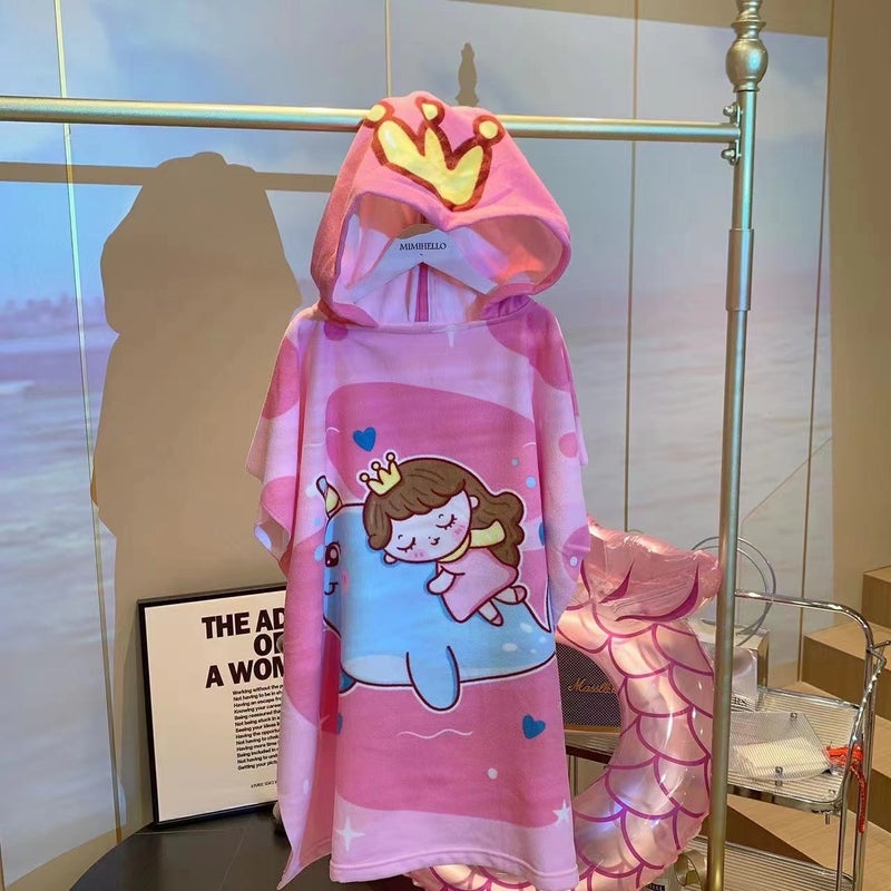 Kids Hooded Poncho Towel Quick-Dry Bathrobe Whale girl 70*150cm (suitable for 1.0m-1.5m) comes with a backpack 