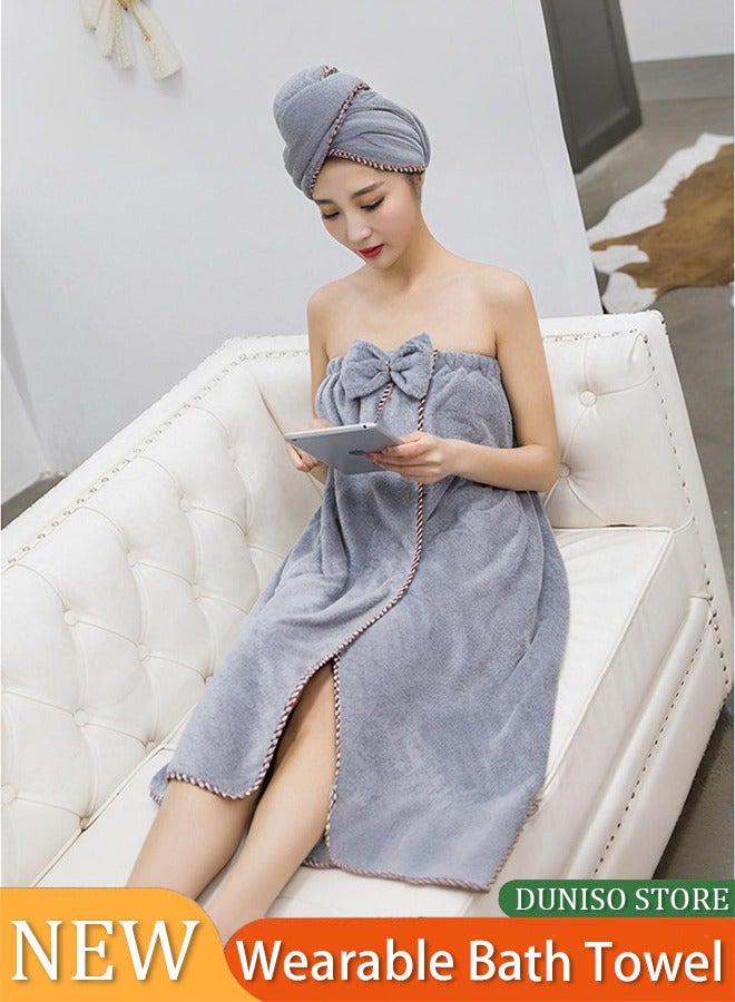 DUNISO طقم منشفة استحمام قابلة للارتداء 2 قطعة مع فلكرو وغلاف رأس، عالي الامتصاص، ناعم الملمس، خفيف الوزن، سريع الجفاف، مناسب للرياضة، اليوغا، السبا، اللياقة البدنية (رمادي فاتح) - Image 1