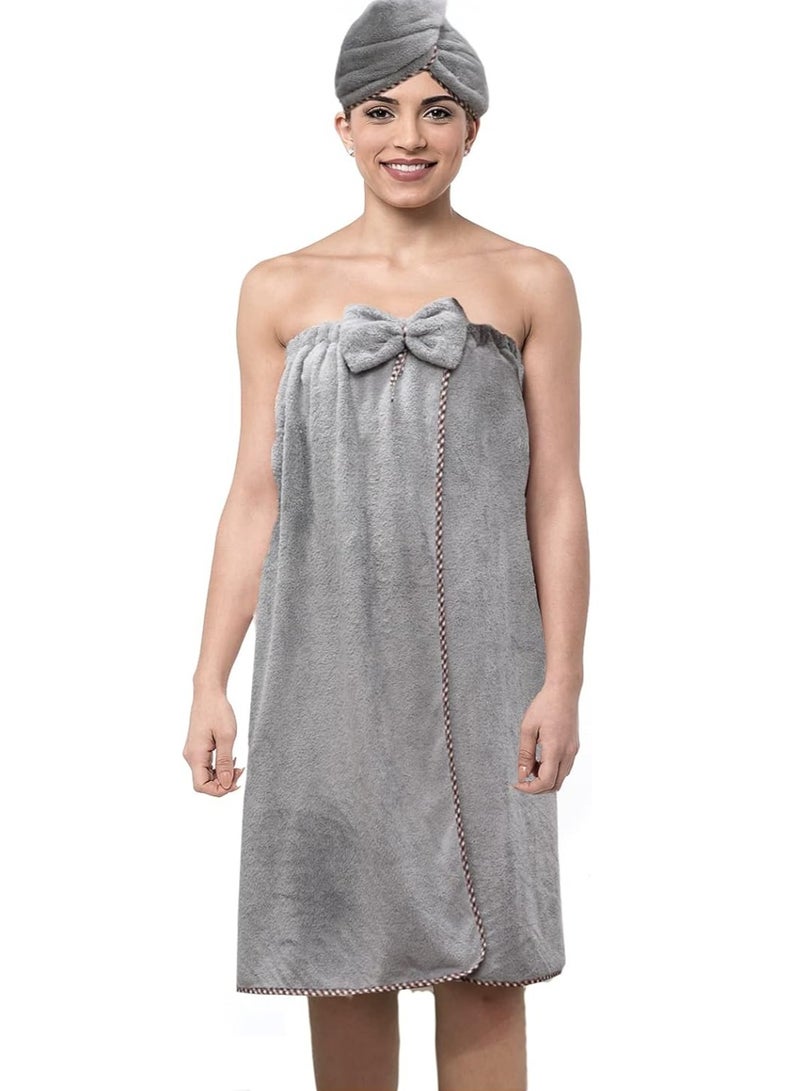 DUNISO طقم منشفة استحمام قابلة للارتداء 2 قطعة مع فلكرو وغلاف رأس، عالي الامتصاص، ناعم الملمس، خفيف الوزن، سريع الجفاف، مناسب للرياضة، اليوغا، السبا، اللياقة البدنية (رمادي فاتح) - Image 2