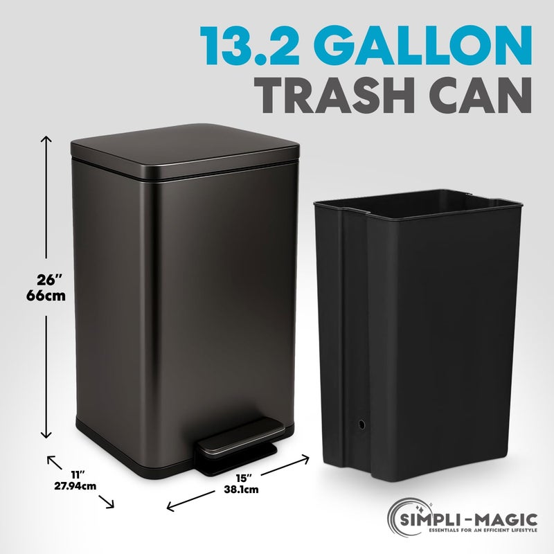 Simpli-Magic 13.2 Gallon (50L) Step Trash Can â€“ Kitchen Garbage Can with Slow-Close Lid â€“ Odor Control, Hands-Free, Easy to Clean, Brushed Stainless Steel - Image 2